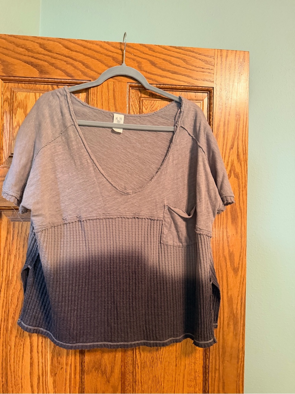 We The Free Two-Tone V-Neck Ribbed Pocket Tee - Gray